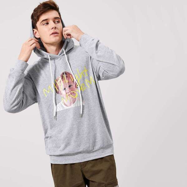 

Men Letter and Figure Print Hoodie, Grey
