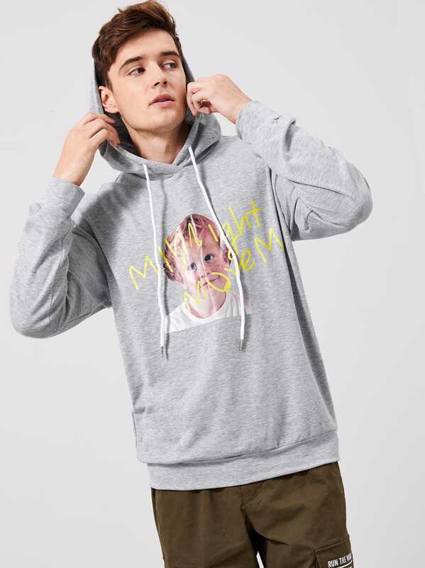 

Men Letter and Figure Print Hoodie, Grey, Jan