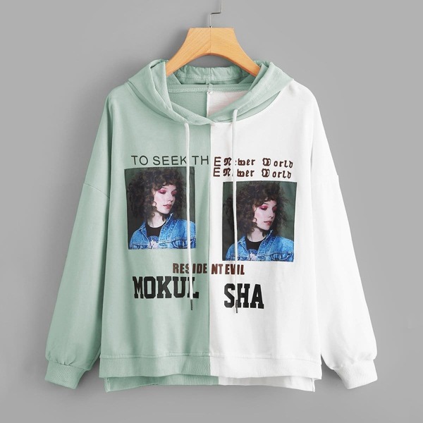 

Figure Print Color Block Hooded Sweatshirt, Multicolor
