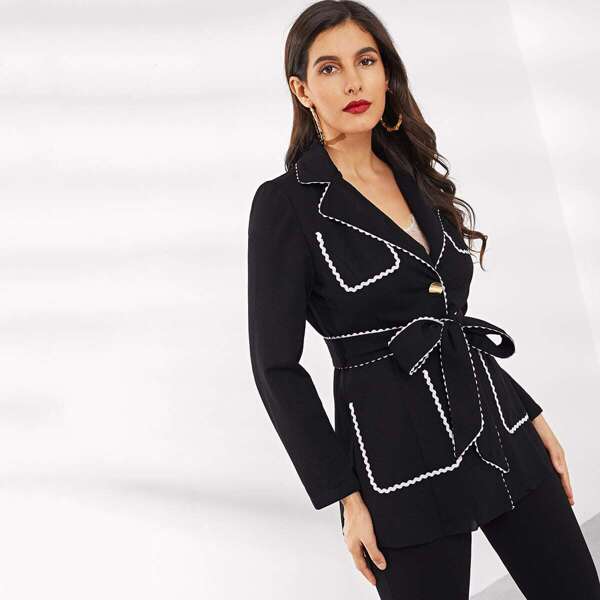 

Contrast Wave Tape Self Belted Blazer, Black