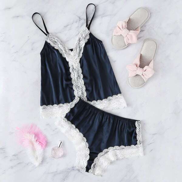 

Lace Trim Satin Cami Top & Panty