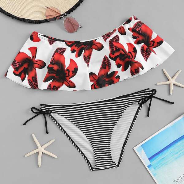 

Plus Floaty Floral Top With Striped Tie Side Bikini
