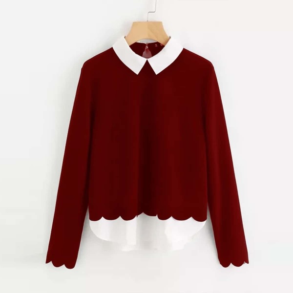 

Contrast Collar And Hem Scalloped Blouse