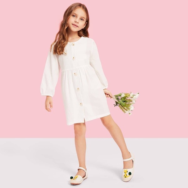 

Girls Button Through Solid Dress, White
