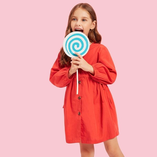 

Girls Button Through Knot Side Dress, Red