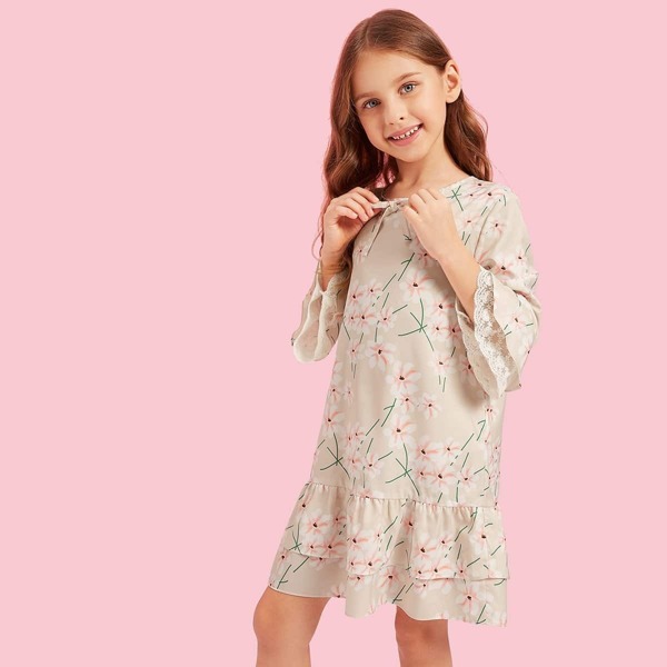 

Girls Tie Neck Ruffle Hem Floral Print Dress, Khaki