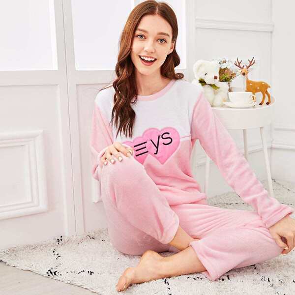 

Heart Embroidered Plush Pajama Set