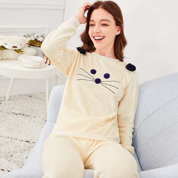 

Cat Embroidered Plush Pajama Set