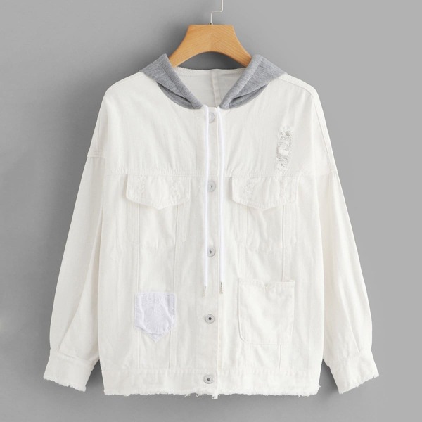 

Patched Decoration Destroyed Hooded Denim Jacket