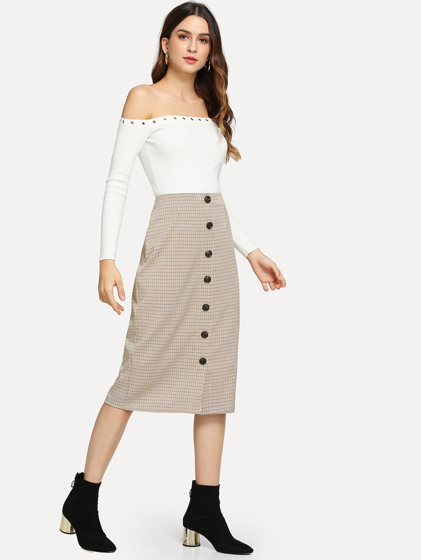 button decoration plaid skirt