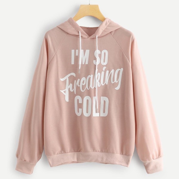 

Slogan Graphic Raglan Sleeve Hoodie, Pink