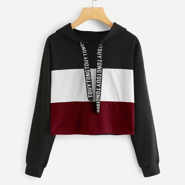 

Letter Print Tape Drawstring Hoodie, Black