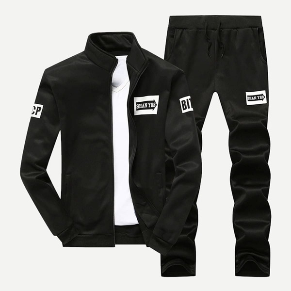 

Men Letter Print Jacket With Drawstring Pants