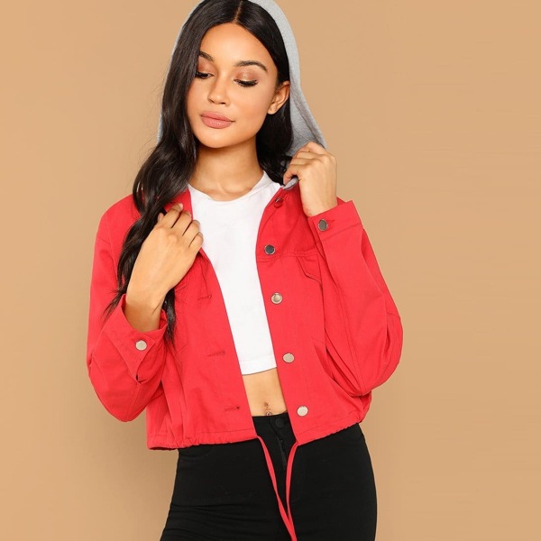

Drawstring Hem Jacket With Contrast Hood