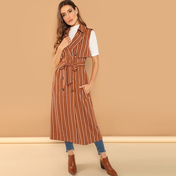 

Notch Collar Sleeveless Striped Coat, Brown
