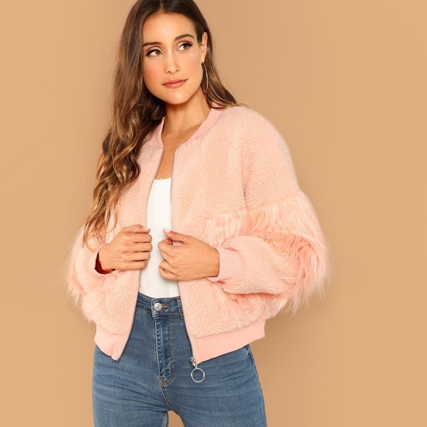 

Faux Fur Detail Zip Up Teddy Jacket, Pink