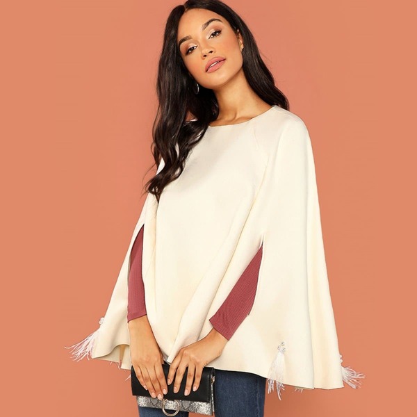 

Pearl & Feather Detail Cape Coat, White