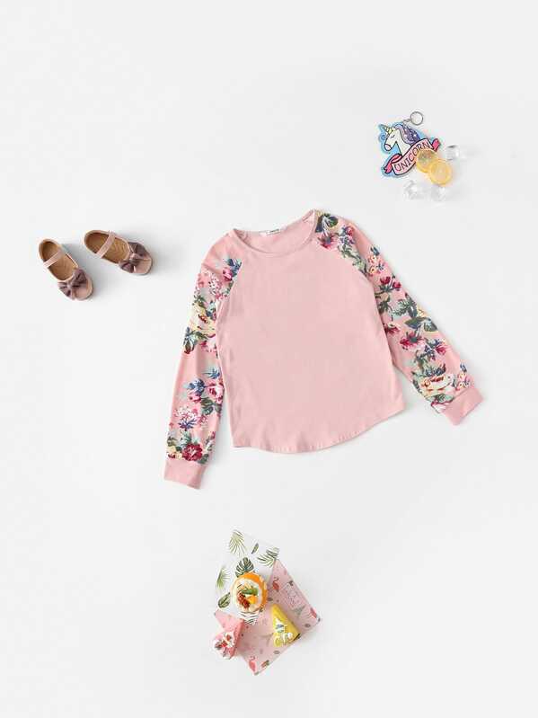

Girls Contrast Floral Raglan Sleeve Top, Pink