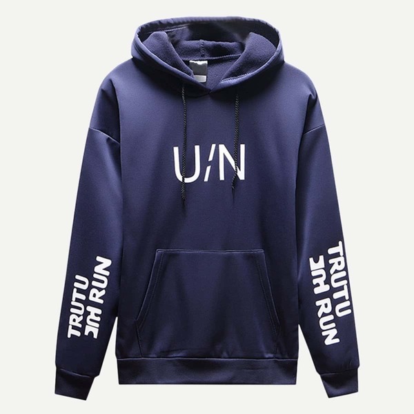 

Men Letter Print Hooded Sweatshirt, Navy