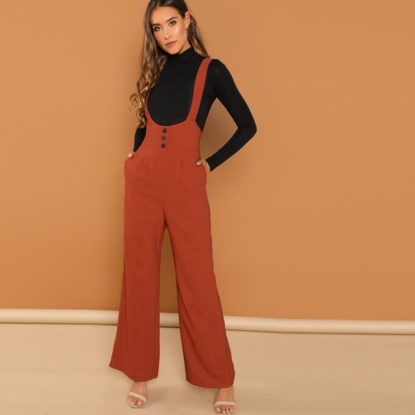 

Buttoned Waist Wide Leg Jumpsuit, Red
