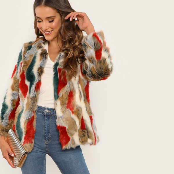 

Colorful Faux Fur Coat, Multicolor