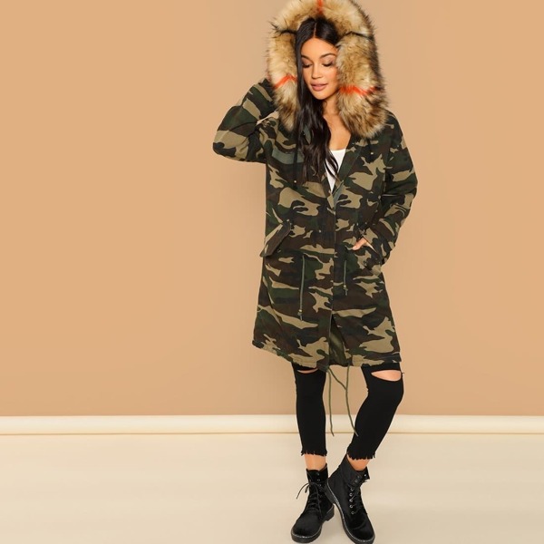 

Camo Print Parka Coat With Faux Fur Trim Hood, Multicolor