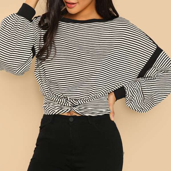 

Twist Front Striped Pullover, Black and white