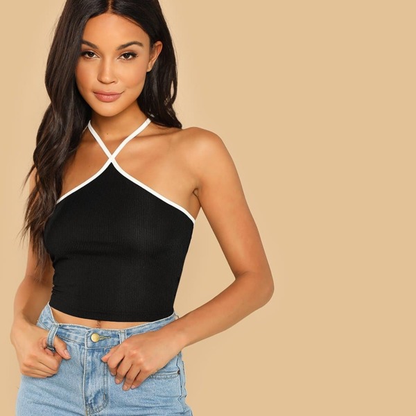 Contrast Tipping Ribbed Knit Cami Top, Black