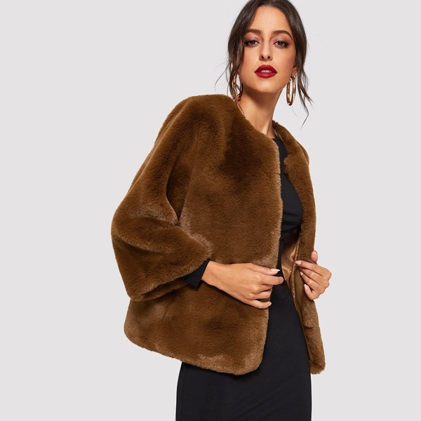 

Open Front Solid Faux Fur Teddy Coat