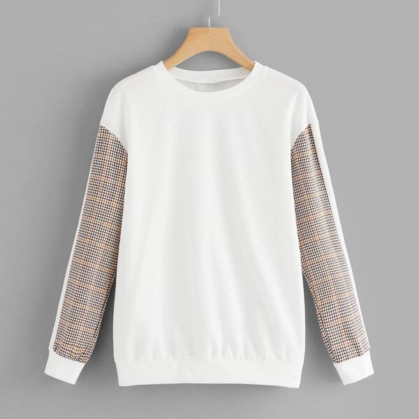 

Drop Shoulder Plaid Sleeve Sweatshirt