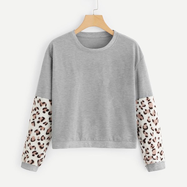 

Leopard Print Sleeve Marled Pullover