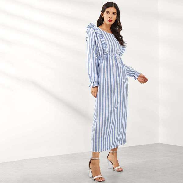 

Striped Ruffle Longline Dress, Blue