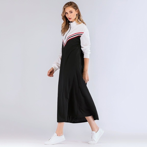

Striped Zip Front Longline Dress, Black