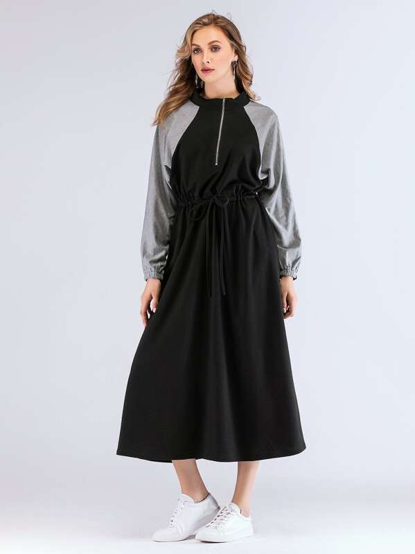 

Drawstring Waist Zip Front Dress, Black