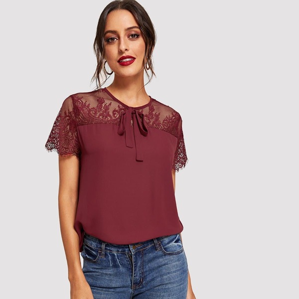 

Eyelash Lace Yoke Tie Neck Top