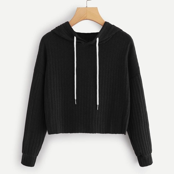 

Drop Shoulder Drawstring Ribbed Hoodie, Black