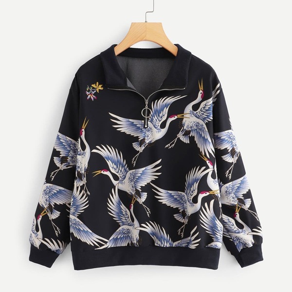 

Crane Print Zip Front Sweatshirt, Multicolor