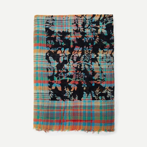 

Frayed Trim Plaid & Leaf Print Scarf, Multicolor