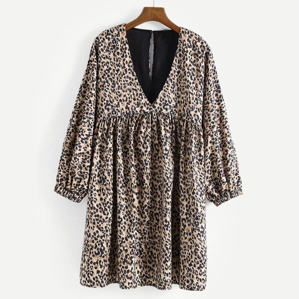 

Leopard Button Keyhole Plunging Smock Dress