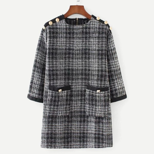 

Pocket & Button Detail Plaid Tweed Dress