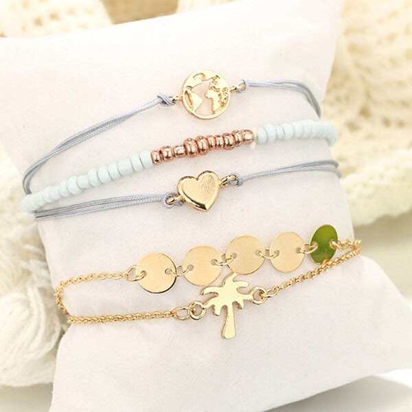 

Disc & Heart Bracelet Set 5pcs, Multicolor