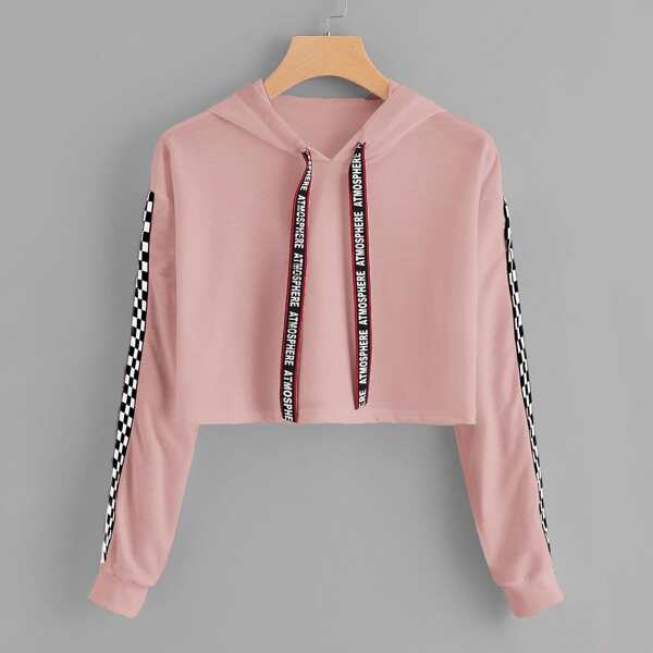 

Letter Print Tape Drawstring Hoodie Plaid Sweatshirt