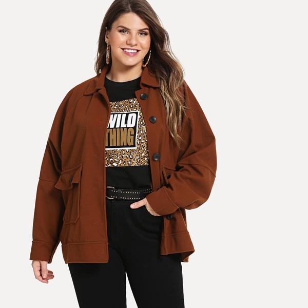 

Plus Single Breasted Solid Coat, Brown
