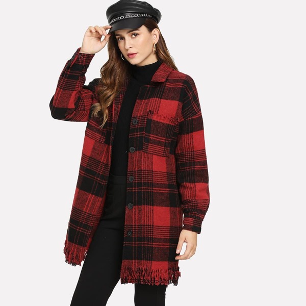 

Fringe Detail Plaid Coat