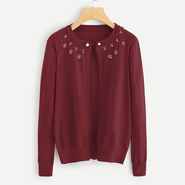 

Pearl Beaded Solid Cardigan, Burgundy