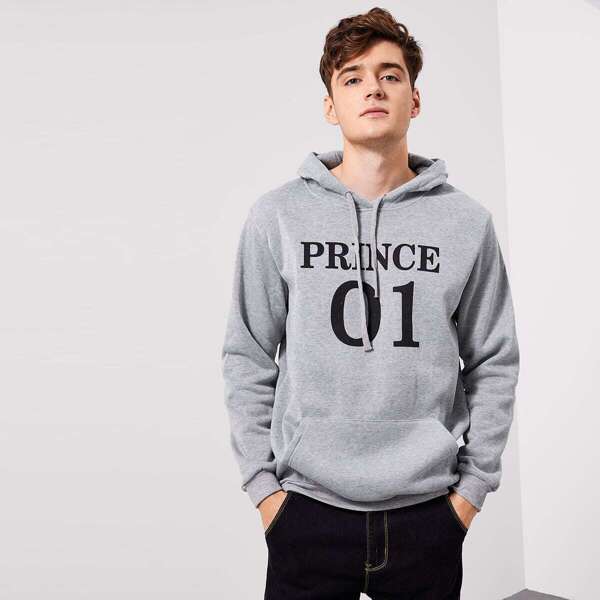 

Men Letter Print Drawstring Detail Hoodie