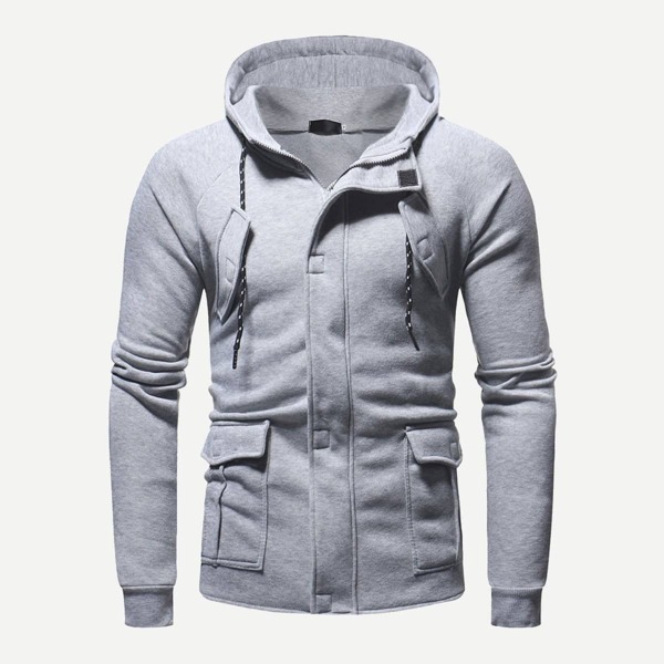 

Men Drawstring Detail Zip Up Solid Hoodie