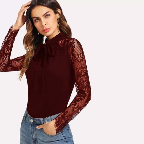 

Tie Neck Lace Sleeve Fitted Top