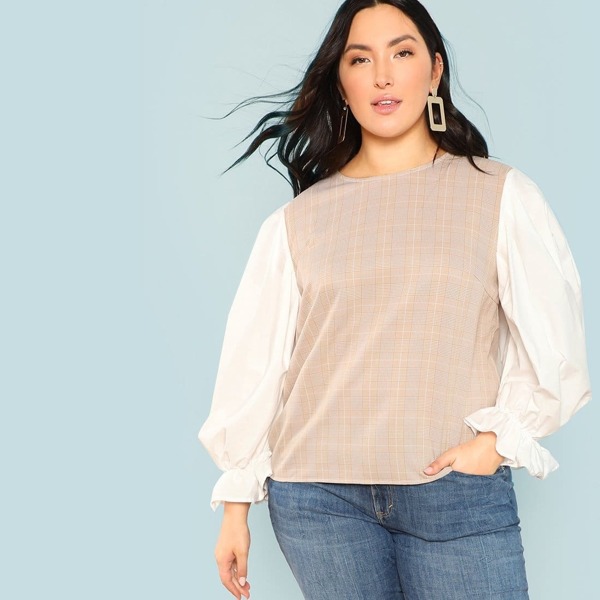 

Plus Solid Balloon Sleeve Plaid Top