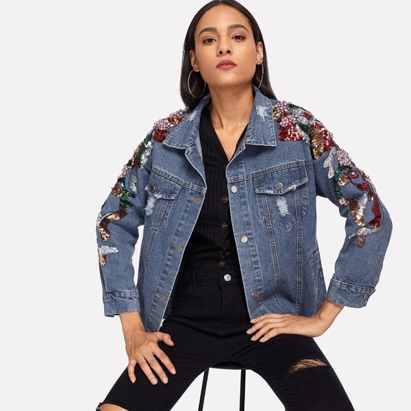 

Pearls Contrast Sequin Ripped Denim Jacket